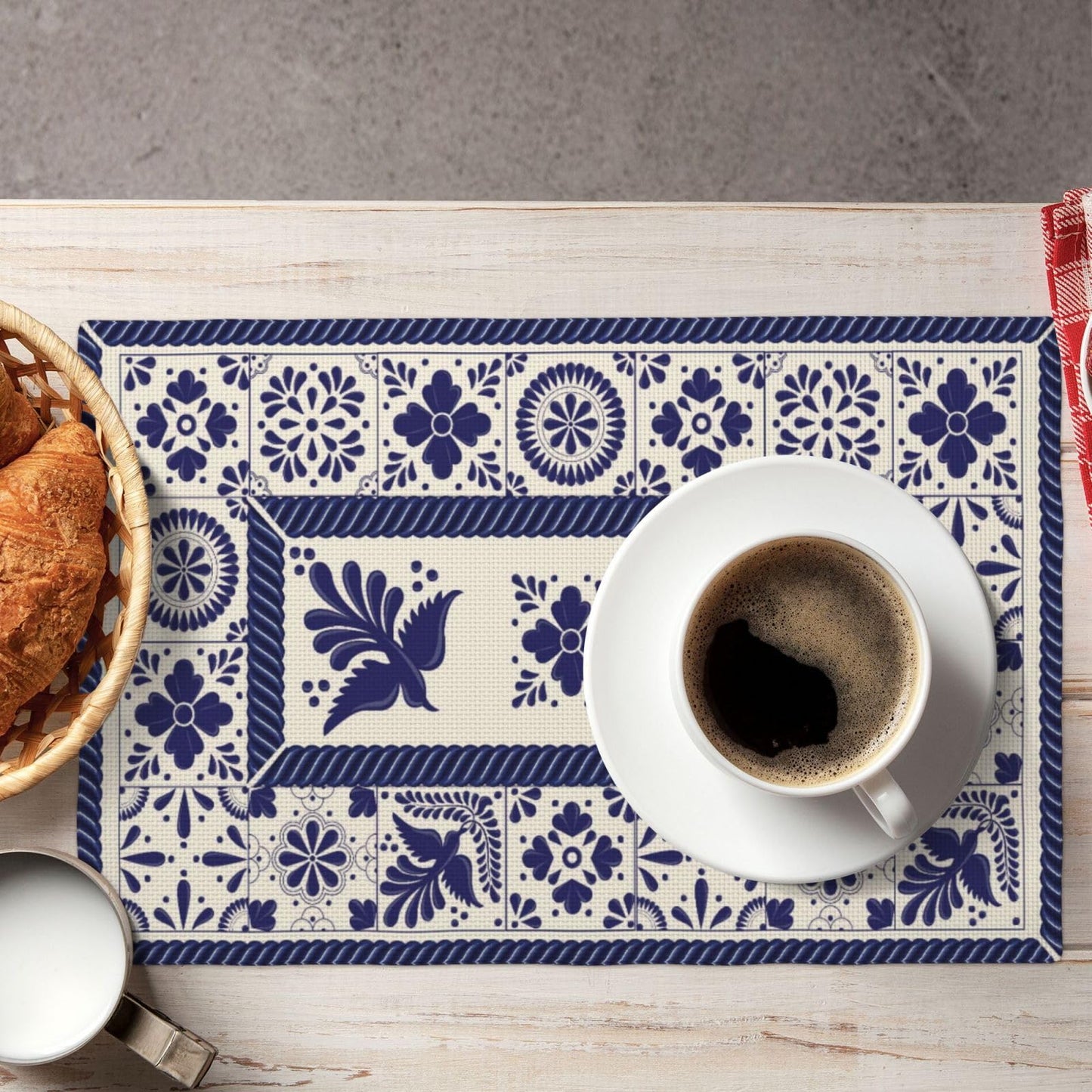 Talavera Tiles Fiesta Mexican Placemats Set of 4 Blue Beige Floral Bird Phoenix Table Mats Washable Boho Bohemian Heat Resistance Place Mat for Home Party Kitchen Dining Table Decoration 12x18 Inch