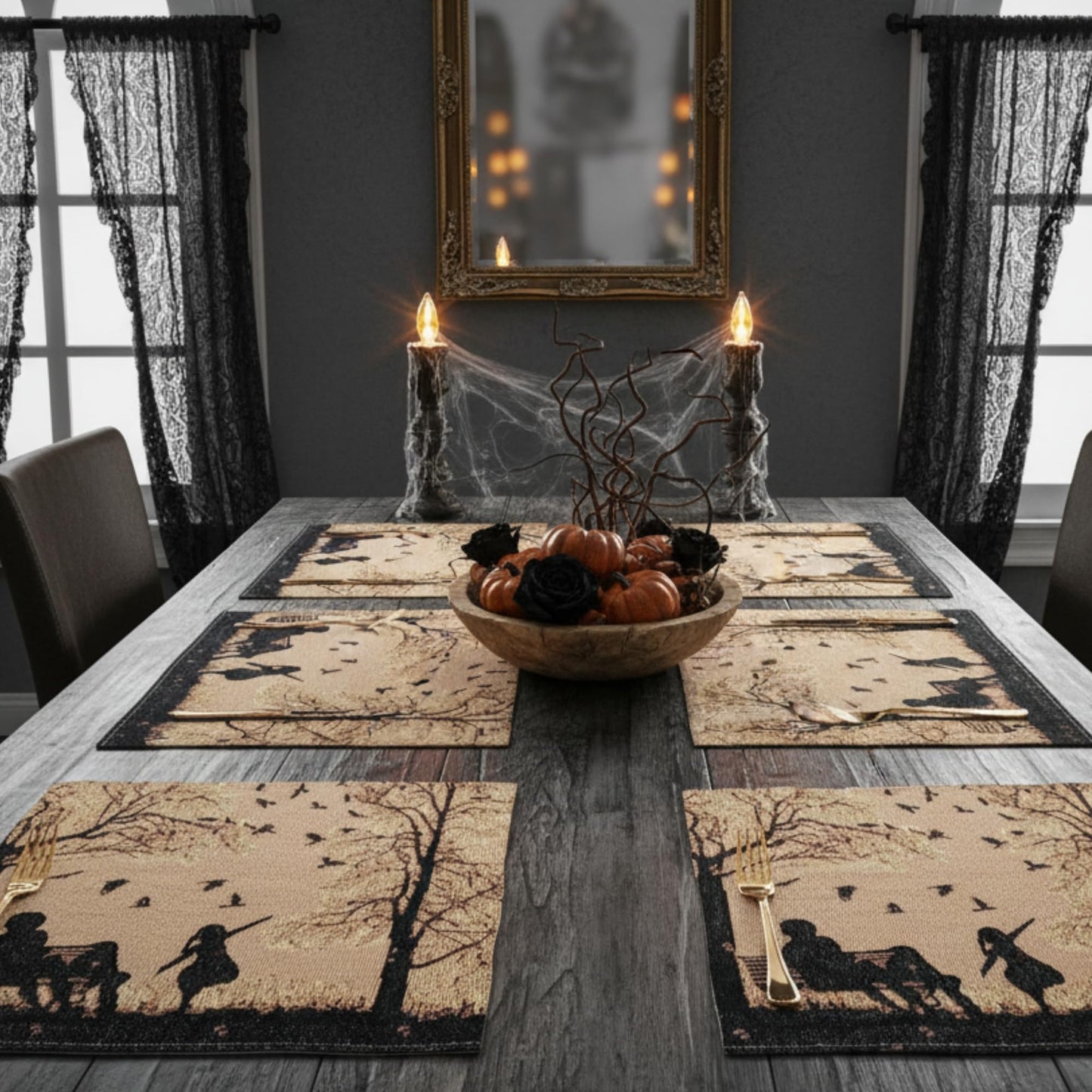 DaDalogy Farmhouse Rustic Dining Placemats - Set of 4 Tapestry Woven Cotton Halloween Kitchen Table Mats Fall Silhouette Decor - Family Cozy Cabin Orange Tan Black Decorative - 13” x 19”