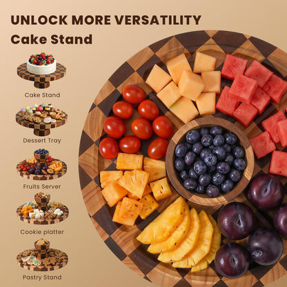 Metflavor Cake Stand with Dome Lid - 12in Wooden Cake Stand with Shatterproof Acrylic Dome, 2-in-1 Dessert Display & Charcuterie Board, Checkered Platter for Serving Cupcakes, Cheese and Fruits