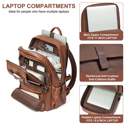 Shrrie 17 Inch Laptop Leather Backpack Work Laptop Backpack Purse for Women Mens Travel Back Pack Large Capacity for Business College Women Convertible Tote Brown Backpack Computer Purse