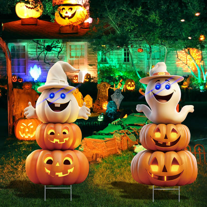 2Pcs 4.0FT Ghost Halloween Decorations Plastic Yard Signs with Stakes,Spooky Halloween Pumpkin Decorations Outdoor, Scary Silhouette Glow in Dark Eyes for Outdoor Yard Lawn Garden