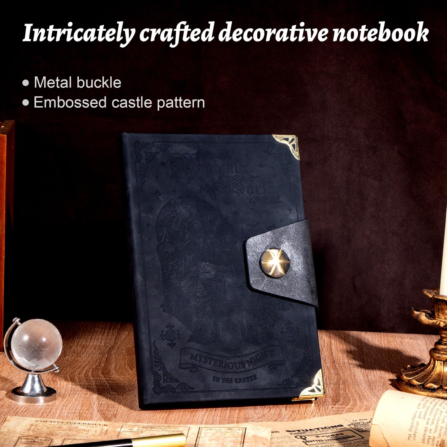 CAGIE Gothic Castle Leather Journal with Pen, Magic Theme Textured Lined Notebook, 100GSM Hardcover Writing Diary Gift Set for Men Women Teens, Black