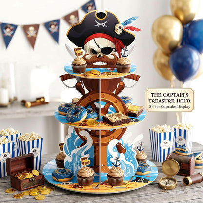 Widecook 3 Tier Pirate Cupcake Stand Decoration Nautical Sailing Skull Cap Cupcake Tower Pirate Table Decoration Treasure Dessert Holder Table Display for Birthday Halloween Nautical Party Decor