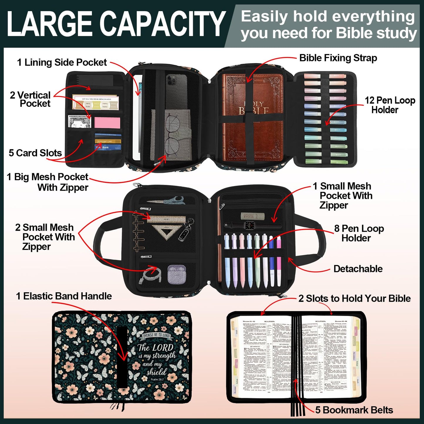 IBOVODI Butterfly Floral Bible Cover Case for Women Bible Study Supplies Accessories Boho Church Bag Christian Gift Book Carrying Case with Shoulder Strap Handle Journaling Kit Large Bible Book Sleeve