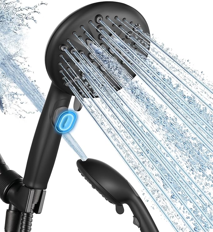 Cobbe 9-Function Shower Head with Built-in Power Spray, 1.8 GPM Water Saving ON/OFF Toggle Switch, High Pressure Handheld Showerhead with 1-Click Pause Button, Brass Bracket & 6ft Hose, Matte Black