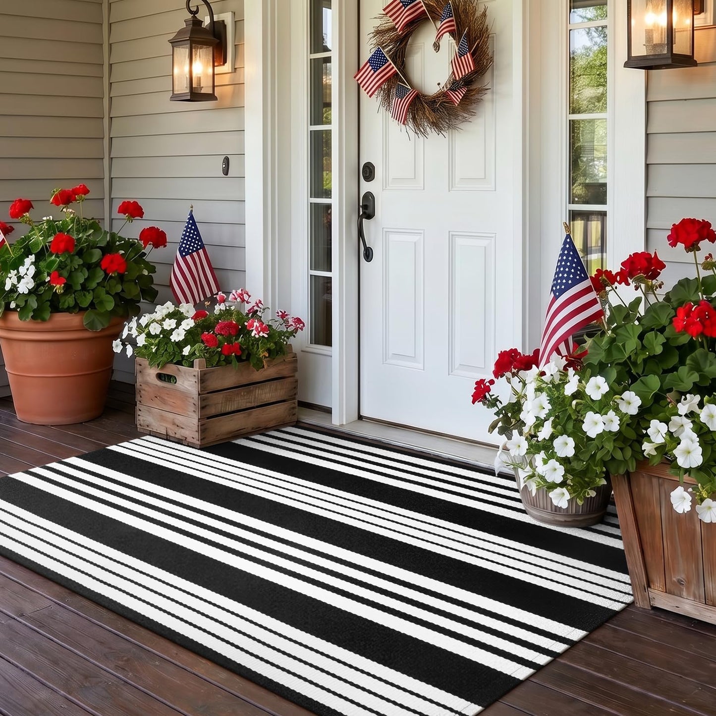 OJIA Black & White Outdoor Rug 3x5 Cotton Hand-Woven Striped Porch Rugs Machine Washable Entryway Rug Indoor Outdoor Area Rug Front Door Rug Floor Mat for Farmhouse/Living Room/Home Entrance