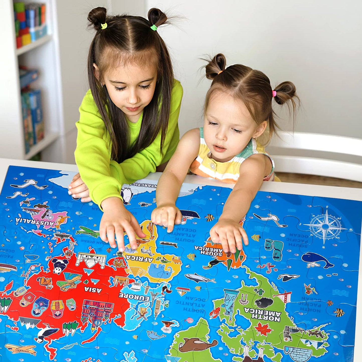 Jumbo Floor Puzzle for Kids,World Map Jigsaw Geography Puzzles,48 Piece Globe Atlas Puzzle with Continents,United States Puzzle for Ages 3-5,Preschool Learning Toys Easter Gift for 4-8 Years Old