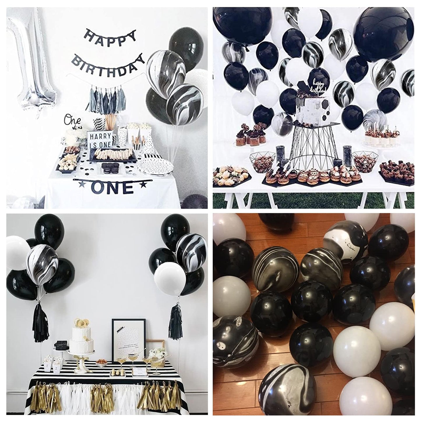 Mayen 50 Pcs 12 Inches Black and White Balloons, Black Marble Balloons, Tie Dye Swirl Balloon, New Years Eve Decorations, Birthday Party Decorations, Black and White Party Supplies