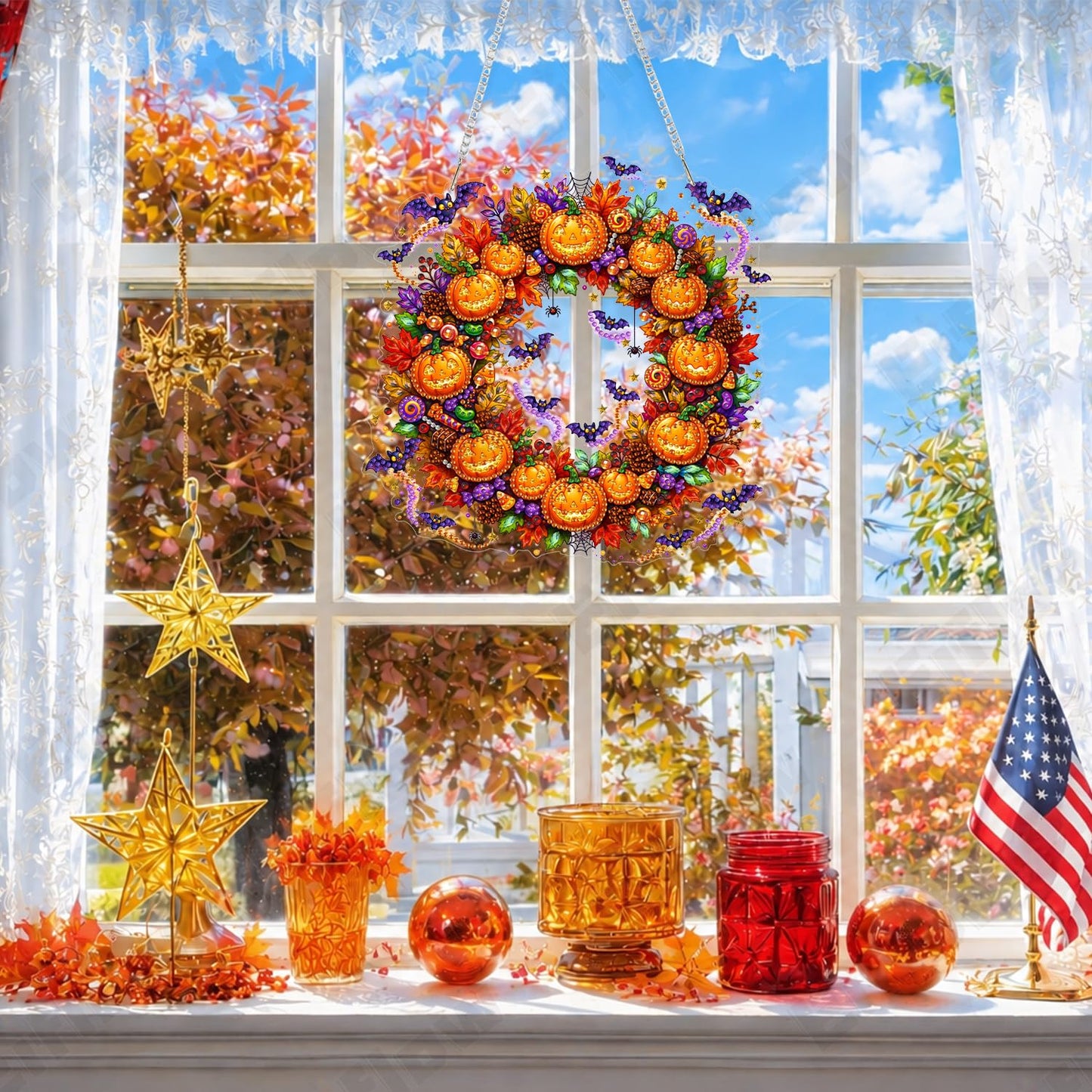 Eiflow Hanging Diamond Art Halloween Kit for Adults DIY Acrylic Diamonds Craft Painting Ornament Pumpkin Kit, Special Crystal Diamond Art Painting Window Door Hanging Pendant Wreath