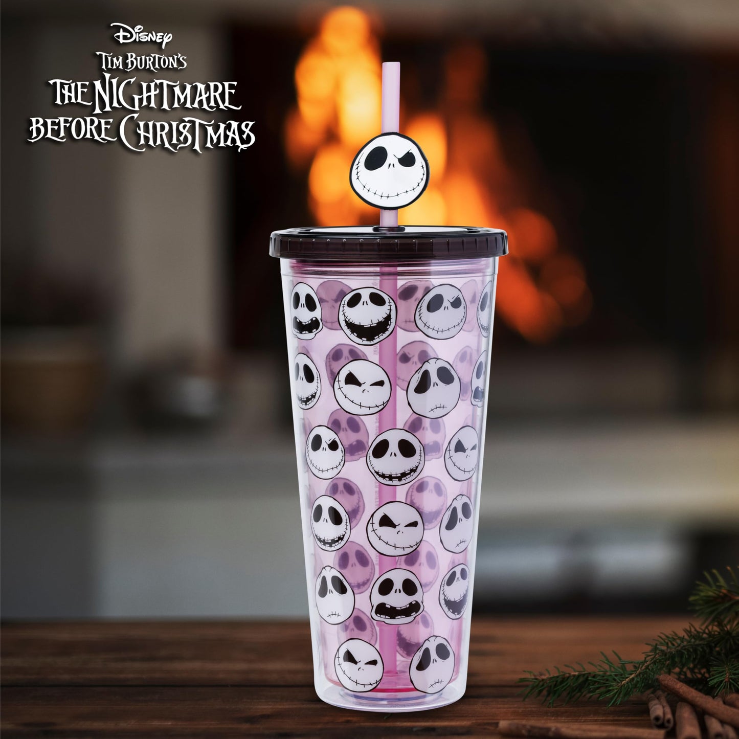 Silver Buffalo Disney Tim Burton's Nightmare Before Christmas All the Emotions of Jack Skellington Plastic Cold Cup with Lid and Straw Topper, 24 Ounces