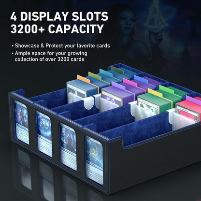 4-Row Trading Card Storage Box, Bulk Cards Case for 3200+ Mtg tcg Magic Playing Game Card Organizer, Commander Deck Box with 4 Supports & 24 Dividers & Strap