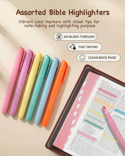 Envysun Bible Study Supplies Journaling Kit for Women - Bible Annotation Kit with No Bleed Highlighters, Tabs & Pen Case - Starter Christian Gift for Daily Devotion & Note Taking (Beige Strawberry)