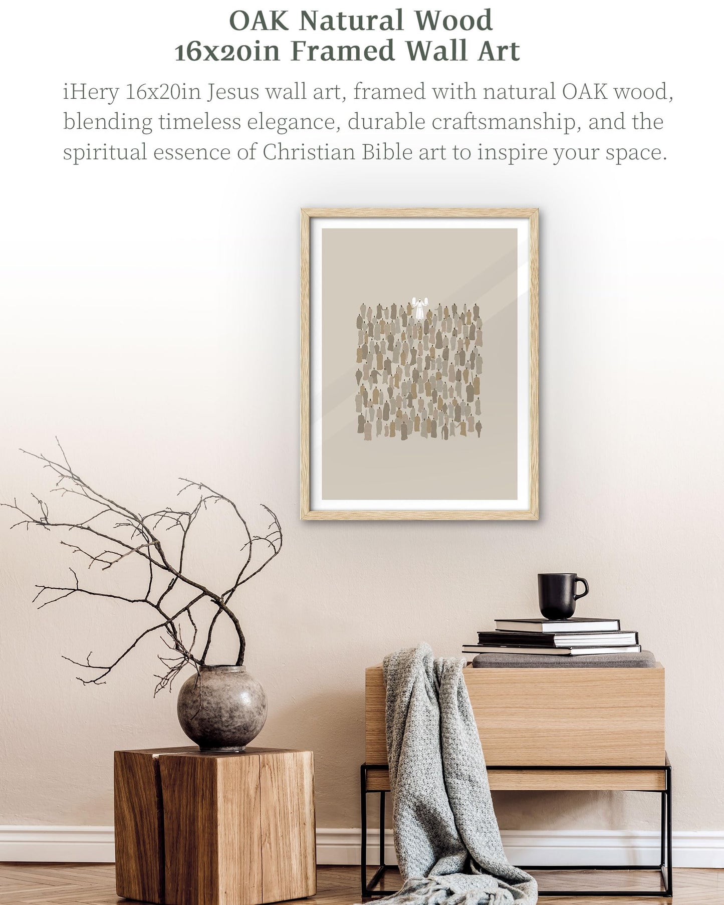 iHery Natural OAK Wood Jesus and Peter Walk on Water Framed Wall Art, 12x16 in Modern Sketch Bible Verses Canvas Art Decor, Beige Logs Boho Scripture 1Pack for Living Room Bedroom