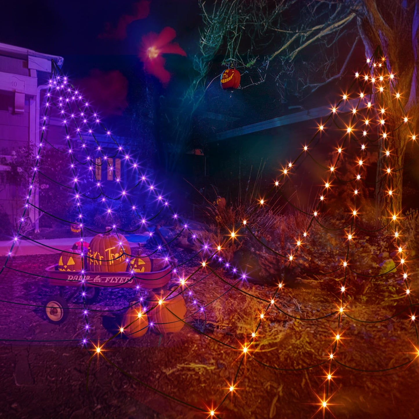 EAMBRITE Giant Spider Web Lights Halloween Decorations Outdoor with 135 LED Purple & Orange Lights, 17Ft Outside Huge Lighted Black Spider Web Halloween Light for Yard Party Haunted House Decor