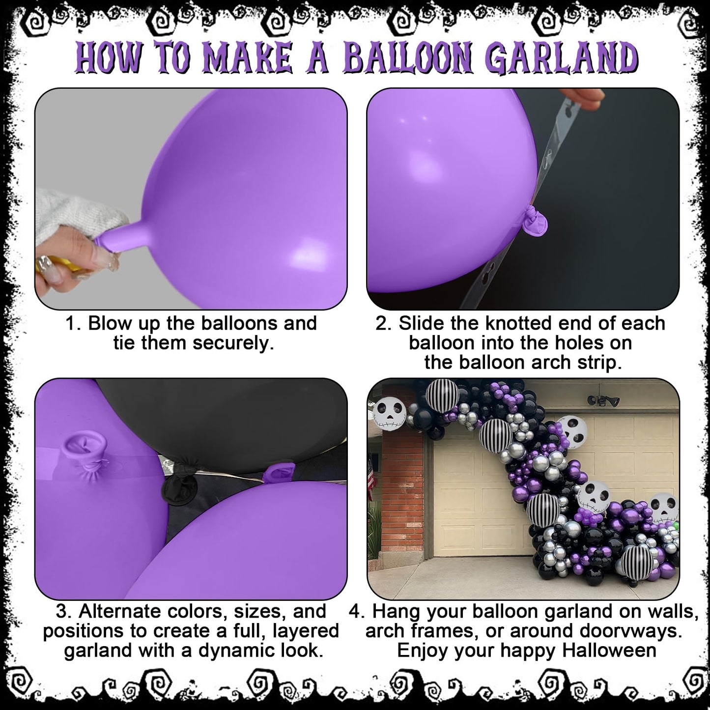 Skull Halloween Birthday Party Decorations Metallic Purple Black Silver Balloon Garland Arch Kit with Stripe Skull Balloons for Ghost Skeleton Trunk or Treat Halloween Birthday Baby Shower Decorations