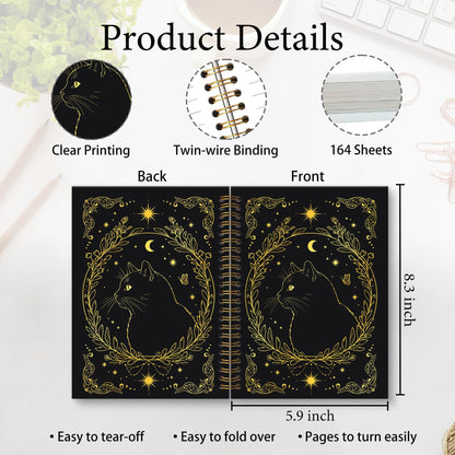 KTYHD Gothic Witchy Tarot Cat Notebook Journal 5.5x8.3in,Gothic Gold and Black Cat Journal for Writing,Goth Witch Animal Hardcover Spiral Notebooks