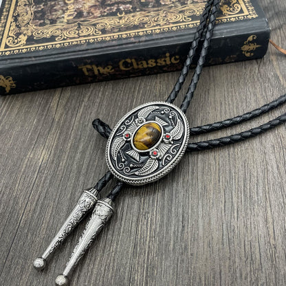 YOQUCOL Vintage Indian Art Tiger Eye Stone Black Bolo Tie American Western Cowboy Leather Necktie for Men Women