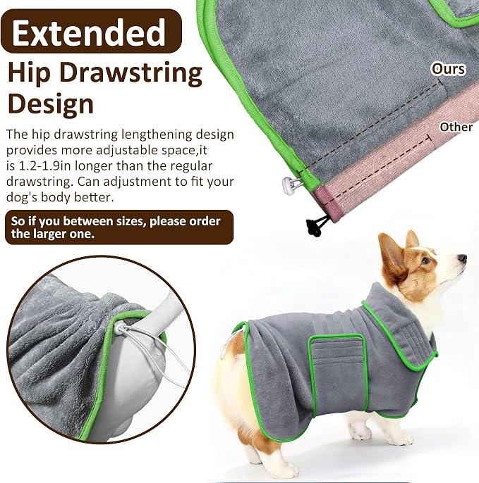 Soft Dog Bathrobe Fast Drying Dog Coat, Super Absorbent Dog Towels for After Bath, Microfiber Pet Robe Adjustable Collar & Belly Warm Keeping Dogs Coat for Pet Dogs & Cats (Grey, Large)