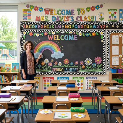 Trandraft 2 Rolls 65.6ft Daisy Checkered Bulletin Board Borders Decoration Black and White Checkerboard Board Borders Strips Summer Daisy Classroom Decor for Back to School Classroom Offices Party