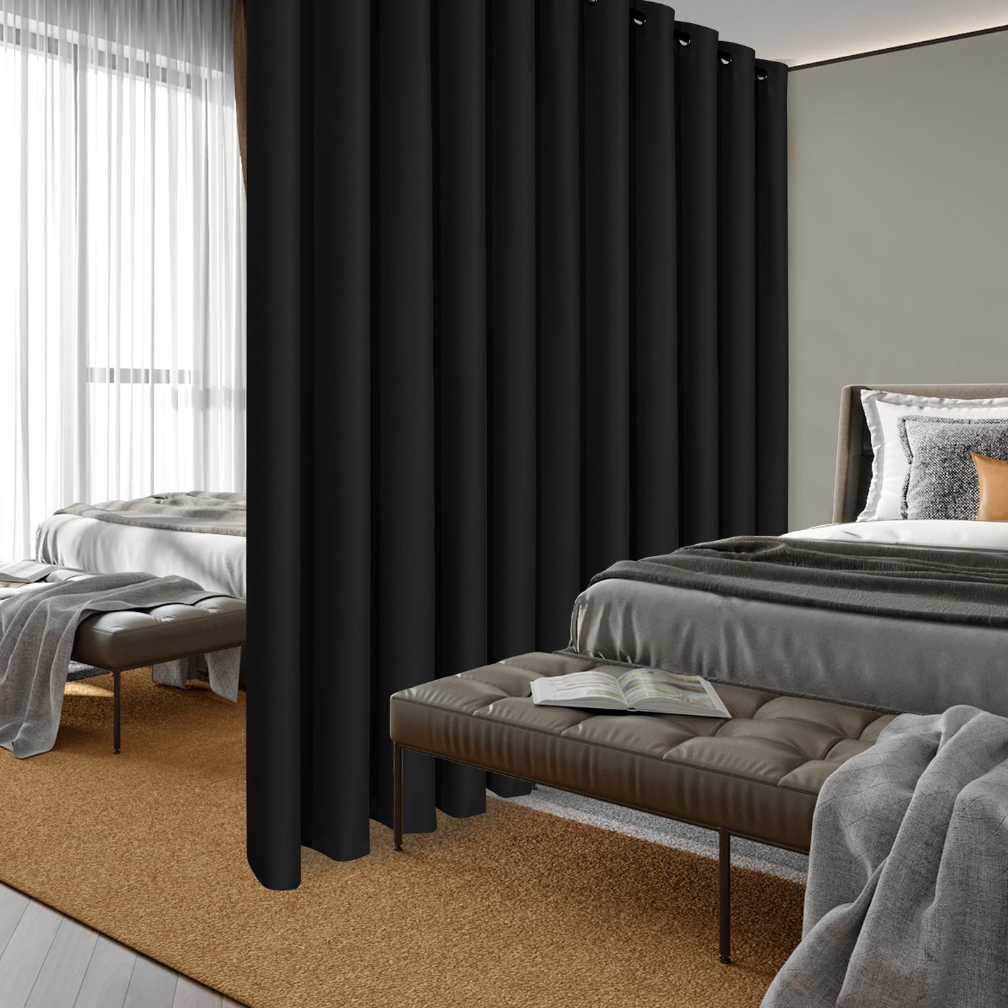 Hiasan Extra Wide Blackout Curtain Panel for Room Divider, 15ft Wide x 9ft Tall Grommet Patio Sliding Door Curtains for Thermal Insulated,Room Partition,Halloween,1 Ps Sewn with Tiebacks,Black