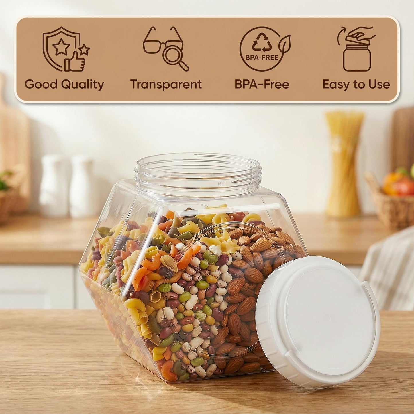 SOUJOY 2 Pack Plastic Candy Jar with Lid, 1 Gallon Cookie Containers for Kitchen Counter, Clear Hexagon Candy Display for Snacks, Dog Treats, Craft and Sewing Supplies, Coffee Pod, Laundry Pod