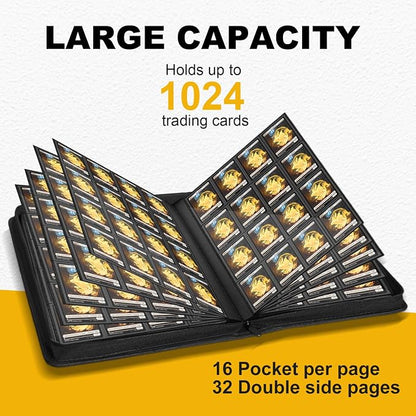 1024 Pocket Trading Card Binder Compatible with Pokemon TCG MTG Baseball Sports Cards, Trading Card Side Loading Zip Binder, Premium Leather Card Collection Storage Binders