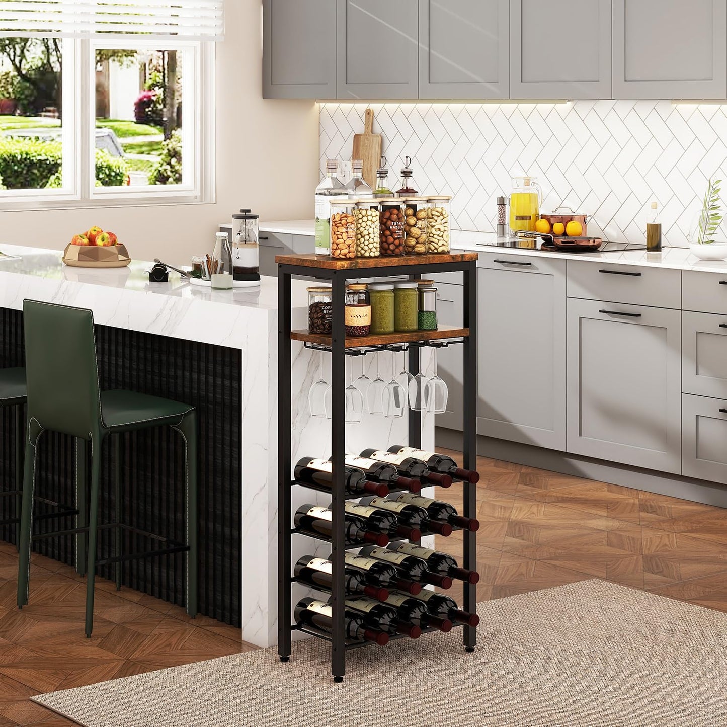IBUYKE Wine Racks Freestanding Floor,Liquor Bottle Holder,16 Bottles Wine Cabinet with Glass Holder,Wine Holder Display,Mini Wine Bar Table for Living Room,Kitchen Pantry,Dining Room,Brown UTMJ907H