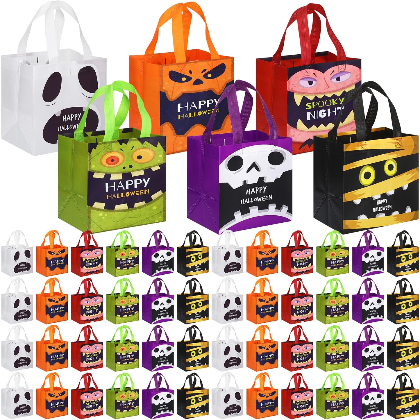 Chapou 90 Pcs Halloween Tote Bags Bulk Treat Gift Candy Goodie Bags with Handles Multifunctional Non Woven for Halloween Party Give Away
