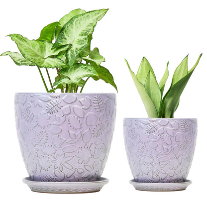 Bestseler 8 Inch + 6 Inch Retro Ceramic Planter Set of 2 with Drainage Hole and Saucer for Multiple Plants, Indoor-Outdoor Garden Pots for Succulent, Orchid, and Flower (Retro Purple)