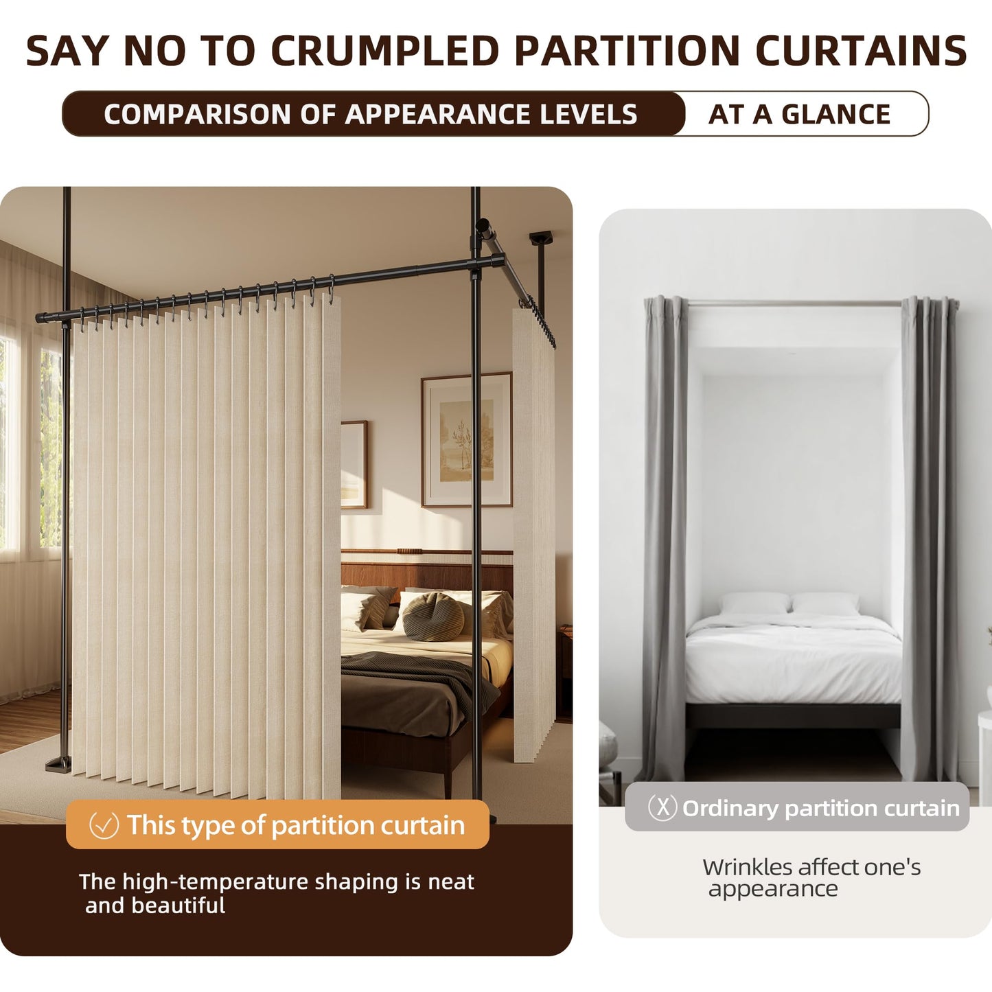 Folding Room Divider Curtain – Lightweight Draping Bedroom Privacy Curtain, Window and Bed Separator with Hooks and Tie-Back (Cream Color, W98*H95inch)