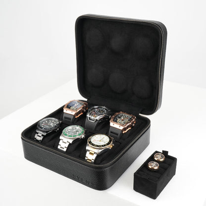 SYENS Real Genuine Leather Watch Travel Case 6 Watches Box, Suitable for all Watches and Smartwatches under 60mm Storage Organizer for Man and Women (6W-Z-BBL)