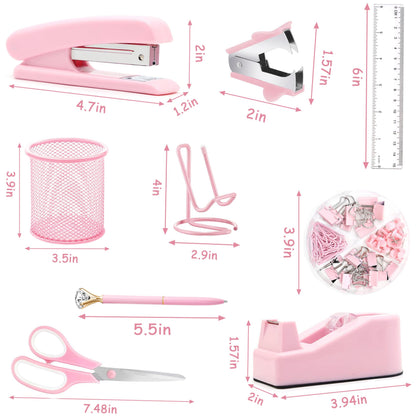 Pink Office Supplies, Pink Desk Accessories, Stapler, Staple Remover, Tape Holder, Pen Holder, Ballpoint Pen, Scissor, Binder Clips, 1000pcs Staples, Phone Holder, Ruler, Transparent Glue and Notes