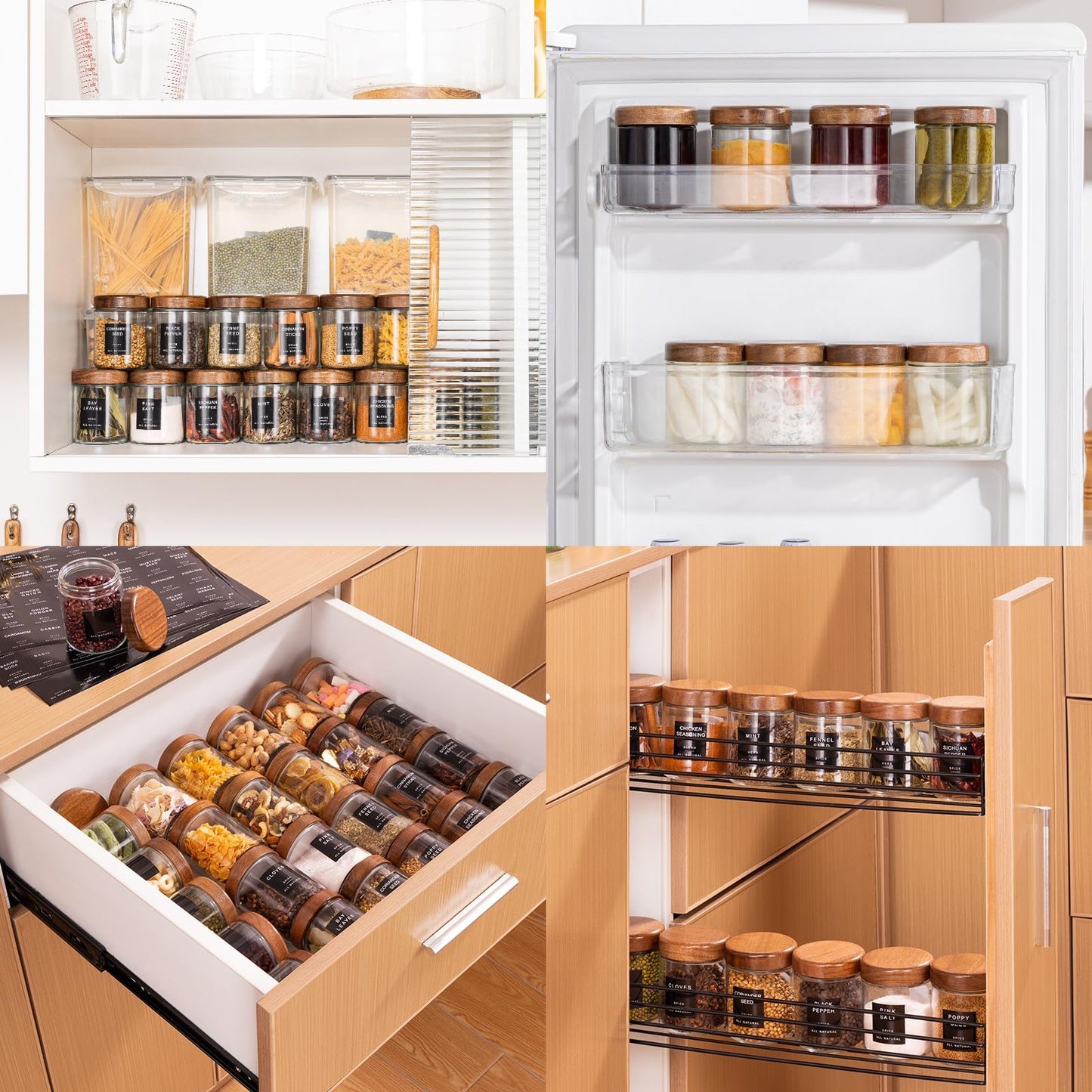 Yangbaga Glass Spice Jars with Labels: 12pc 8oz Round Seasoning Storage Containers with lid,Pepper Grinder,Funnel; Empty Spice Organizer Bottles for Kitchen Rack Drawer Cabinet
