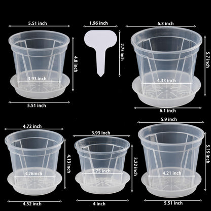 AUGXIXI 10 Sets Transparent Plastic Garden Pots Planter with Saucer 3.9/4.7/5.5/5.9/6.3 inch Plant Pot Nursery Pots Drainage Hole for House Plants, Herb, Flowers, and Cactus with 20pcs Plant Labels