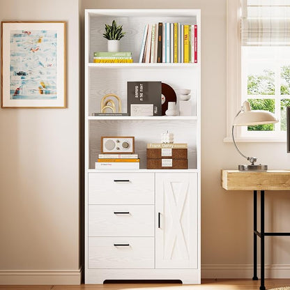 IRONCK Bookshelf with Doors and 3 Drawers, 71in Tall Bookcase with 3-Tier Shelves, for Living Room Entrance Hallway Home Office
