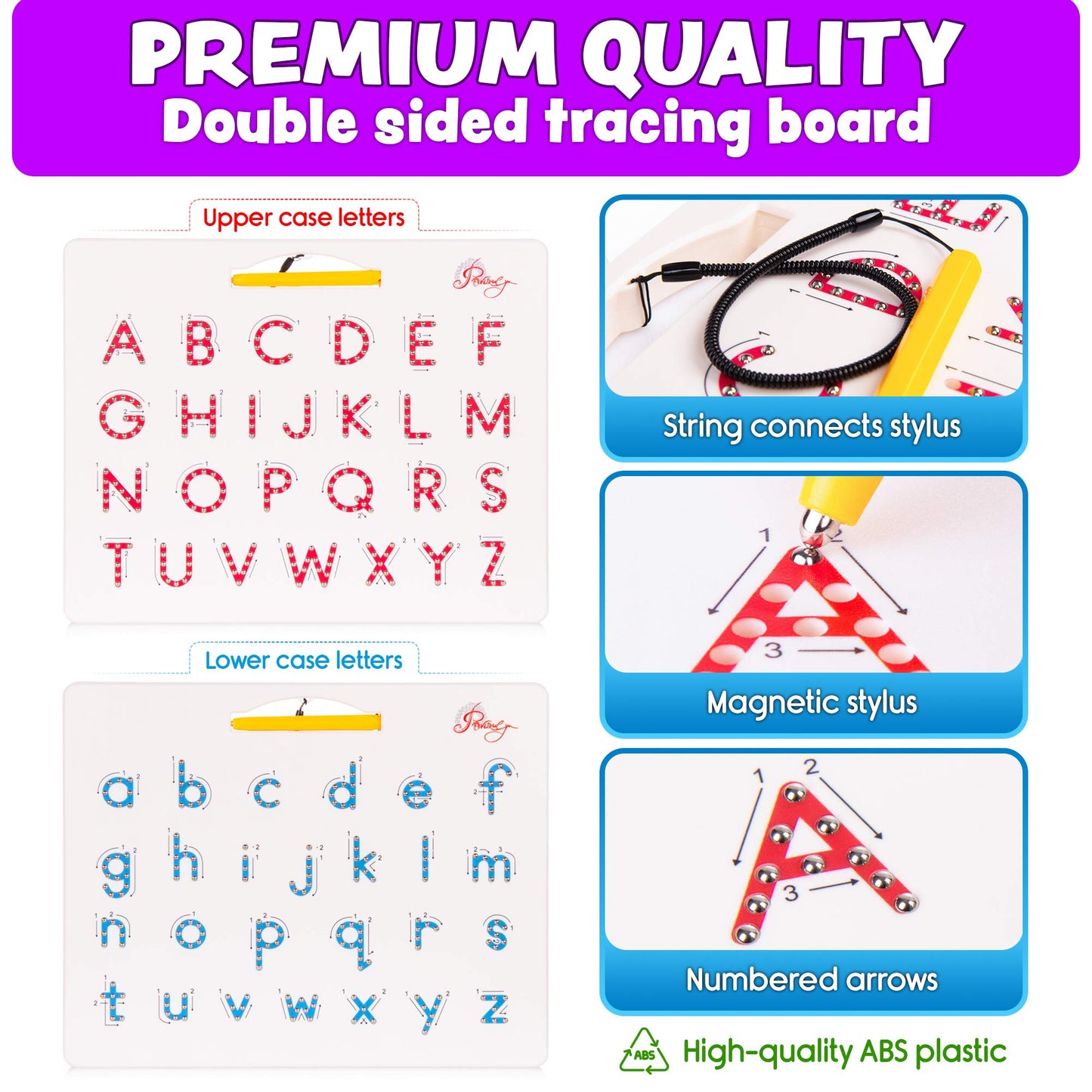Povitrulya Magnetic Alphabet Tracing Board - double-sided upper & lower case Magnetic Drawing Board, ABC magnets for learn to write with magnetic pen, STEM toy letters learning, good for homeschooling