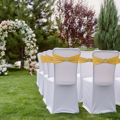 150 Pack Spandex Stretch Chair Sashes Bows, Elastic Stretch Chair Cover Bands Ties with Buckle Slider for Wedding Party Ceremony Reception Event Banquet Decoration (Gold)