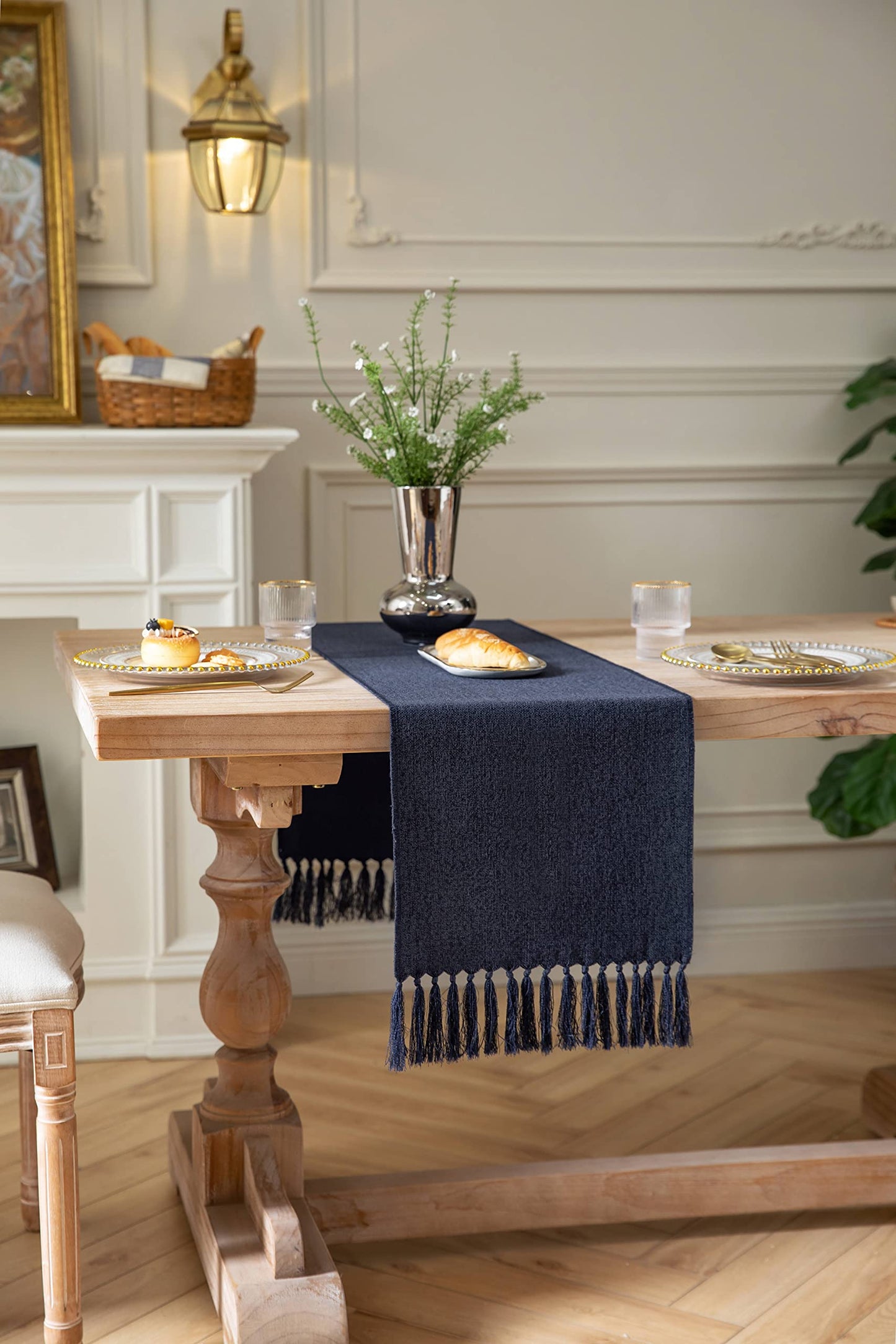 ZeeMart Navy Table Runners 108 Inches Long, Burlap Linen Style Rustic Farmhouse Table Runner, Long Boho Dining Table Runner, 13x108 Inches, Navy