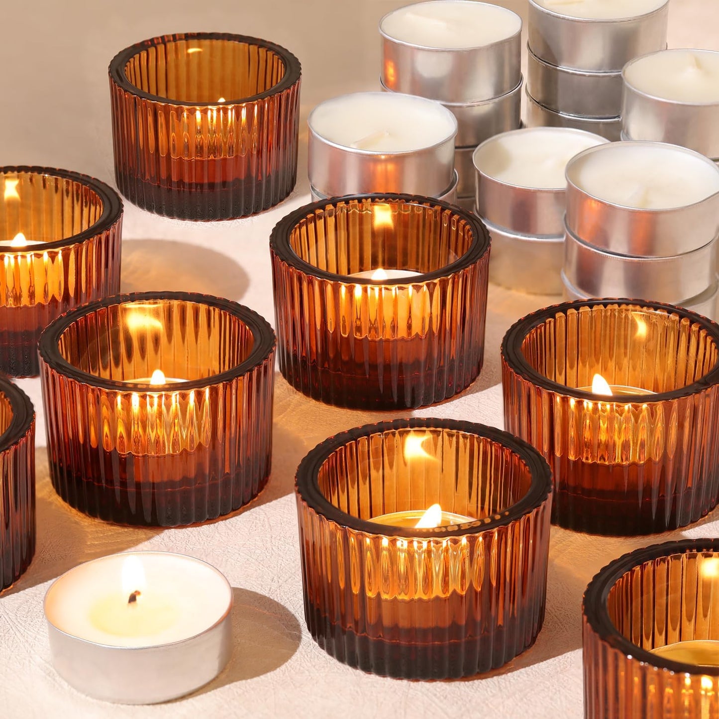 HAVITI 18 Pcs Amber Tealight Candle Holders with 18PCS Tealights, Glass Votive Candle Holders Set for Table Centerpiece, Home Decor and Party Supplies