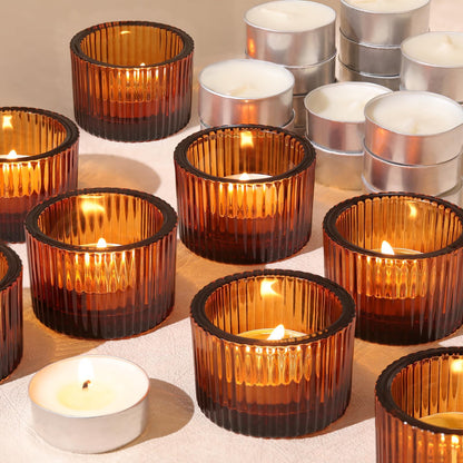HAVITI 18 Pcs Amber Tealight Candle Holders with 18PCS Tealights, Glass Votive Candle Holders Set for Table Centerpiece, Home Decor and Party Supplies