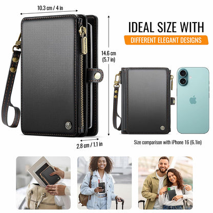 XIMAND Passport Holder Wallet Bag with AirTag Holder, 11 Card Slots and Passport Solt Cash Solt Photo Solt Zipper Pocket, RFID Blocking Wristlet Strap.Black