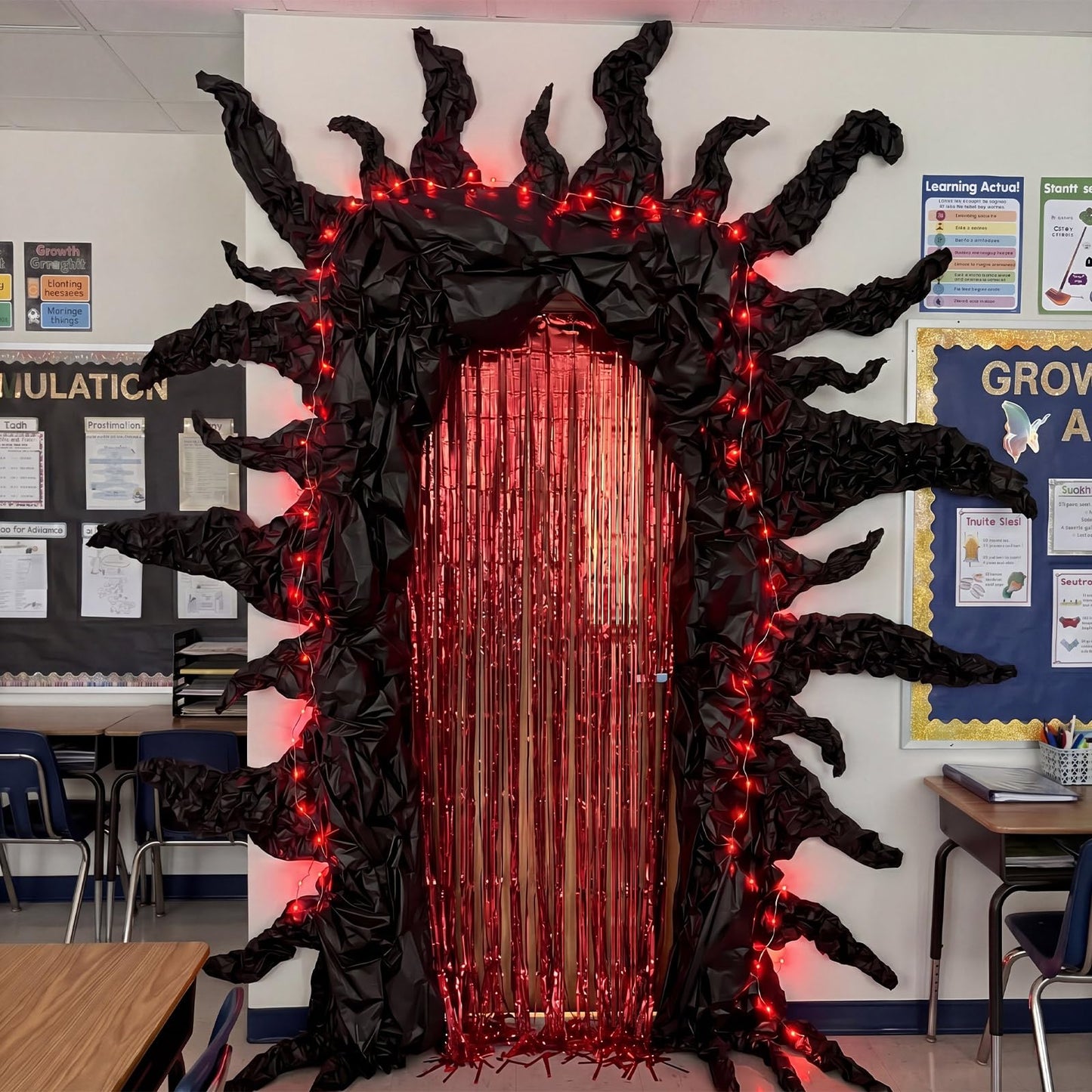 Tingjoo 12 Pcs Weird Themed Door Party Decoration with Spooky Red Black Foil Curtain Tablecloth LED Light Weird Themed Door Decor for Welcome to the Other Side Backdrop Photo Prop Birthday Halloween
