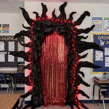Tingjoo 12 Pcs Weird Themed Door Party Decoration with Spooky Red Black Foil Curtain Tablecloth LED Light Weird Themed Door Decor for Welcome to the Other Side Backdrop Photo Prop Birthday Halloween