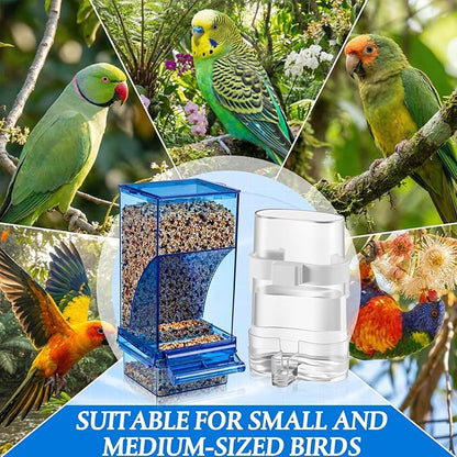Novabright 7 Pcs No Mess Bird Feeder Water Dispenser Set Include Automatic Parakeet Feeder and Drinker with Bird Paw Grinding Stick Cage Accessories for Small Medium Cockatiel Lovebird(Classic,Blue)