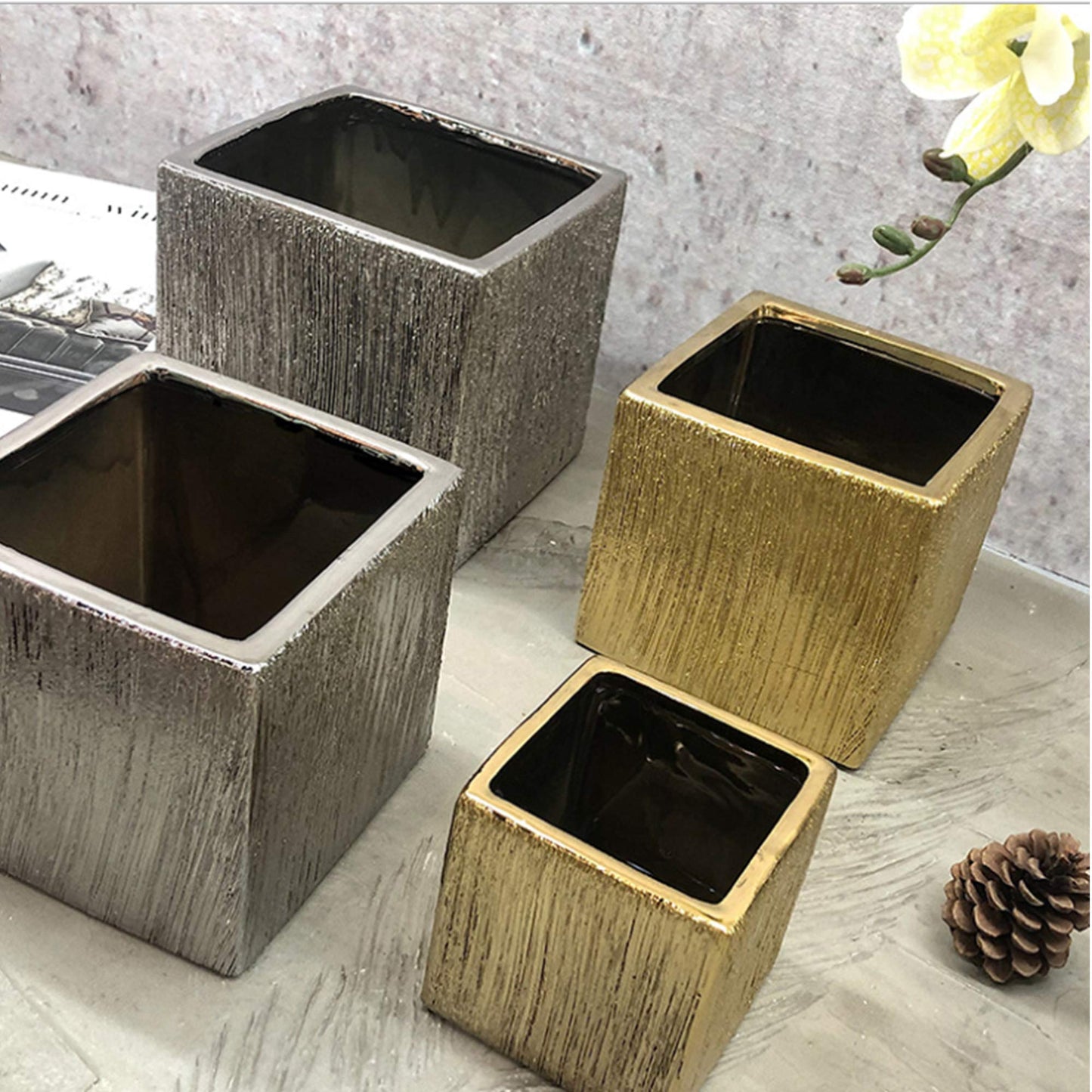 WGV Ceramic Cube Vase Width 3" Height 3" (Fits 2.5" Pot) Elegant Modern Small Square Floral Planter Terrarium Container Table Dresser for Event Accent Home Office Decor Silver Textured 1 Piece