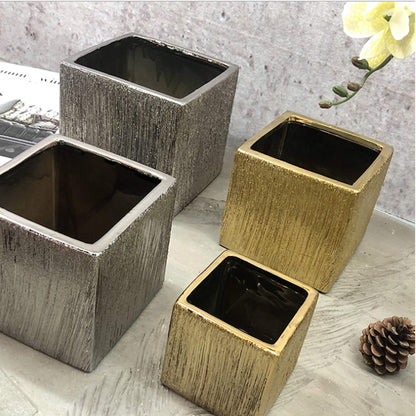 WGV Ceramic Cube Vase Width 3" Height 3" (Fits 2.5" Pot) Elegant Modern Small Square Floral Planter Terrarium Container Table Dresser for Event Accent Home Office Decor Silver Textured 1 Piece
