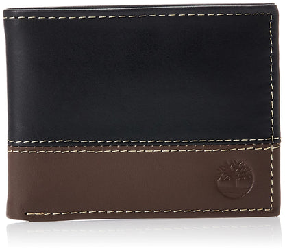Timberland Men's Leather Passcase Bifold Wallet Hybrid, Black/Cognac, One Size