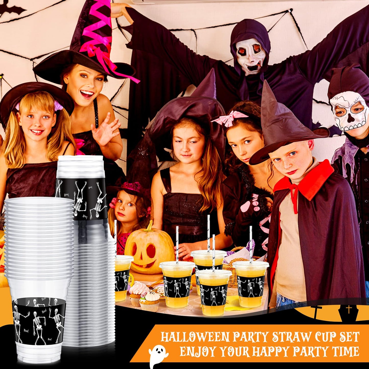 meekoo 50 Sets Skeleton Cup with Flat Lids and Straws 12 oz White Black Skeleton Bone Plastic Cups Clear Drink Disposable Cups with Lids for Halloween Decoration Mega Haunted House