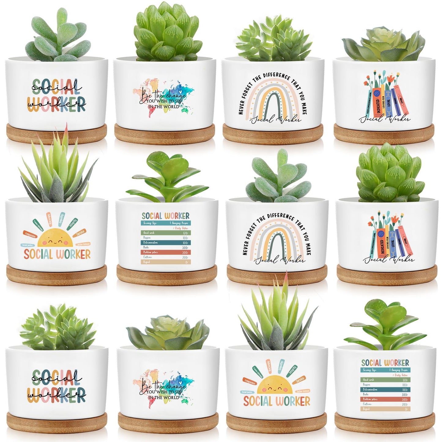 Sieral Thank You Employee Appreciation Gift Succulent Pots,Graduation Gift for Teacher, Ceramic Plant Pot with Bamboo Tray Succulent Planter for Coworker Mentor, Plants Excluded(12 Pcs,Social Worker)