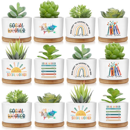 Sieral Thank You Employee Appreciation Gift Succulent Pots,Graduation Gift for Teacher, Ceramic Plant Pot with Bamboo Tray Succulent Planter for Coworker Mentor, Plants Excluded(12 Pcs,Social Worker)
